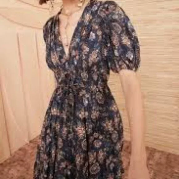 Ulla Johnson Navy Brown Floral Puff Sleeve Midi Dress - Picture 4 of 10